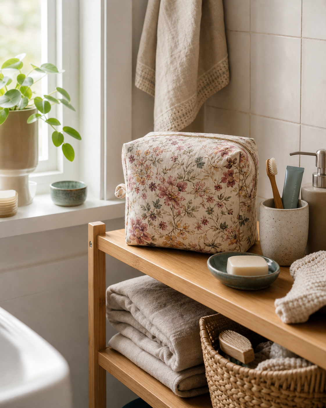 Håndlaget toalettveske på en baderomshylle hjemme hos kunde