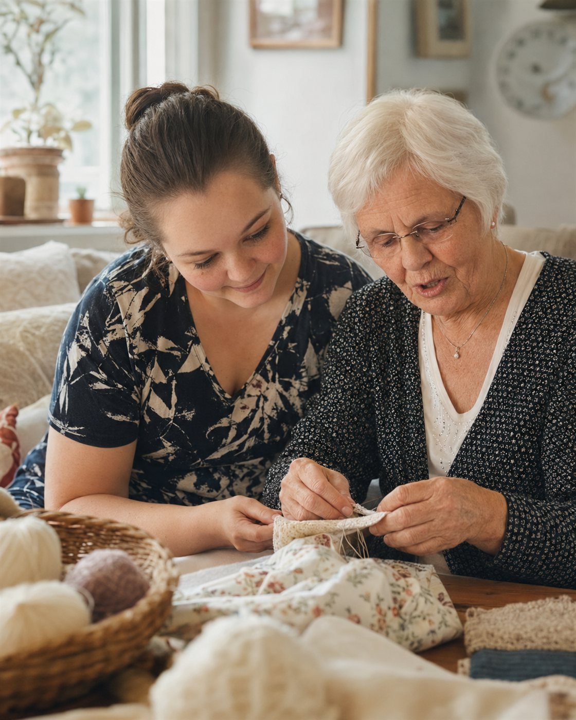 Hanne og mormor sammen ved sybordet